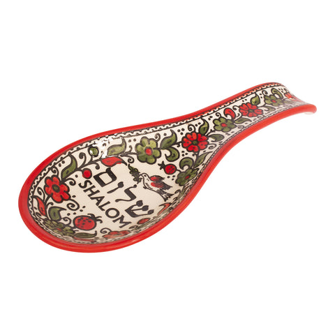 Spoon Shaped Red “Shalom” Armenian Ceramic Bowl – 10”/25cm Jerusalem Pottery