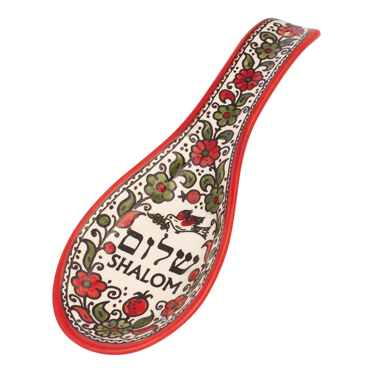 Spoon Shaped Red “Shalom” Armenian Ceramic Bowl – 10”/25cm Jerusalem Pottery