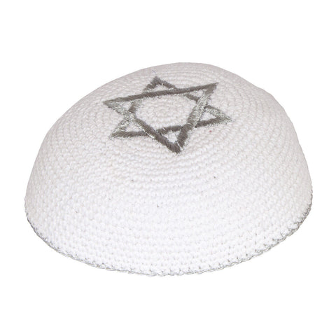 Crochet Knit White Kippah Yarmulke Yamaka for Men w/ Star of David / Magen David - Jewish Prayer Hat Judaica