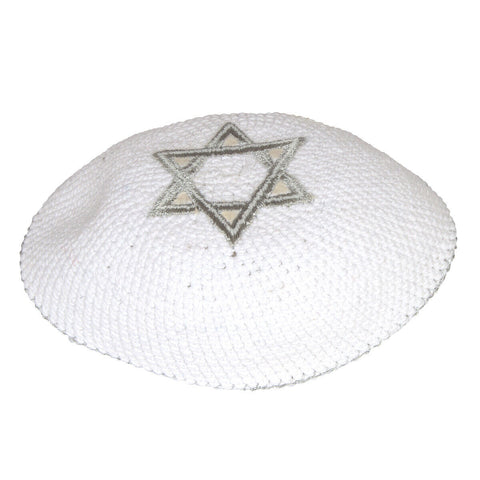 Crochet Knit White Kippah Yarmulke Yamaka for Men w/ Star of David / Magen David - Jewish Prayer Hat Judaica