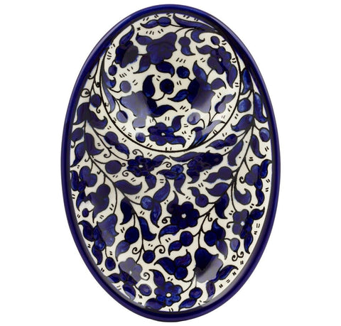 Armenian Ceramic Oval Bowl Pottery - Blue & White - Handmade 7"x5"
