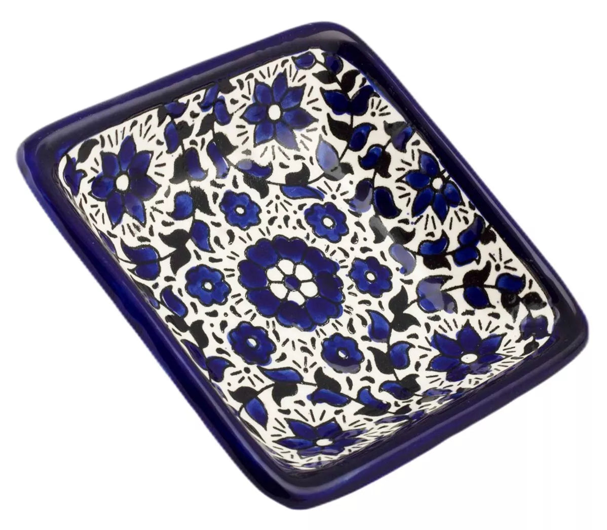 Blue Floral Shalom Armenian Ceramic Tray Small Pottery Enamel Decorative 4" x 4"