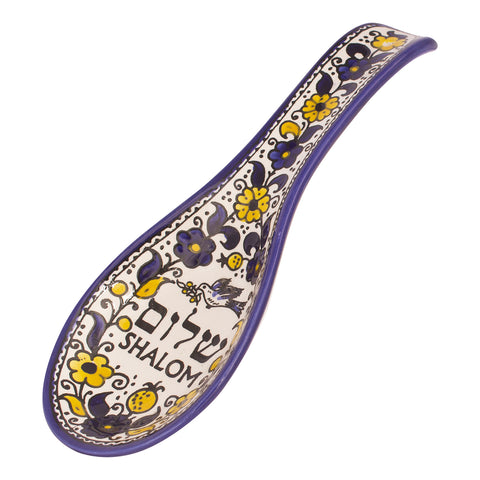 Hand Painted “Shalom” Spoon Rest – Armenian Ceramic Floral Design from the Holy Land – 10”