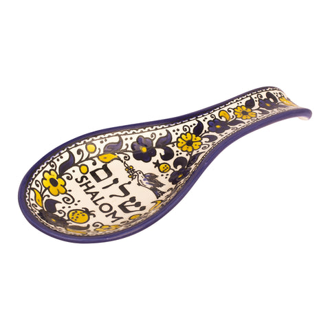Hand Painted “Shalom” Spoon Rest – Armenian Ceramic Floral Design from the Holy Land – 10”