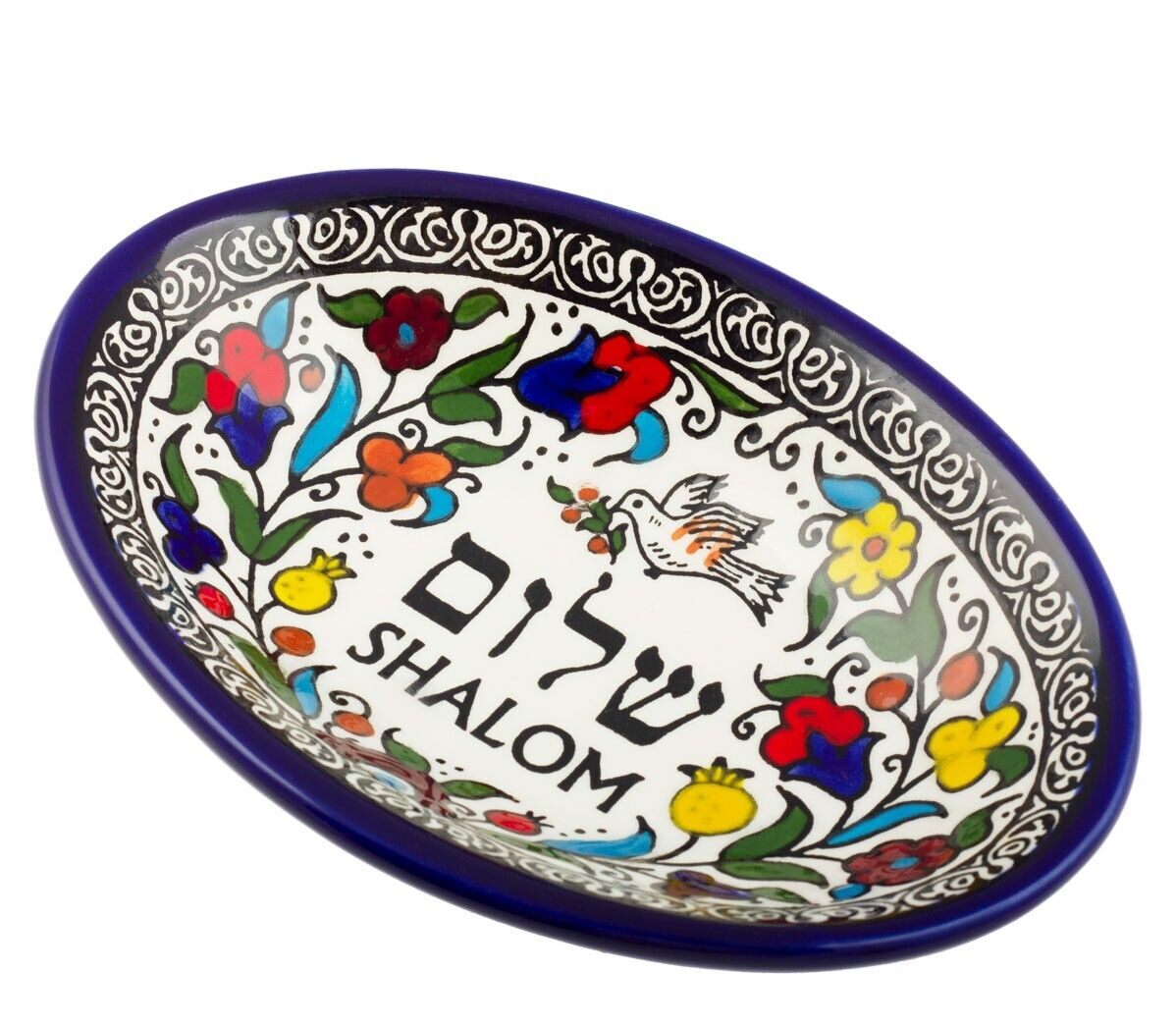 Armenian Ceramic Oval Bowl – “Shalom” Design – 7x5" Hand-Painted Pottery from Holy Land