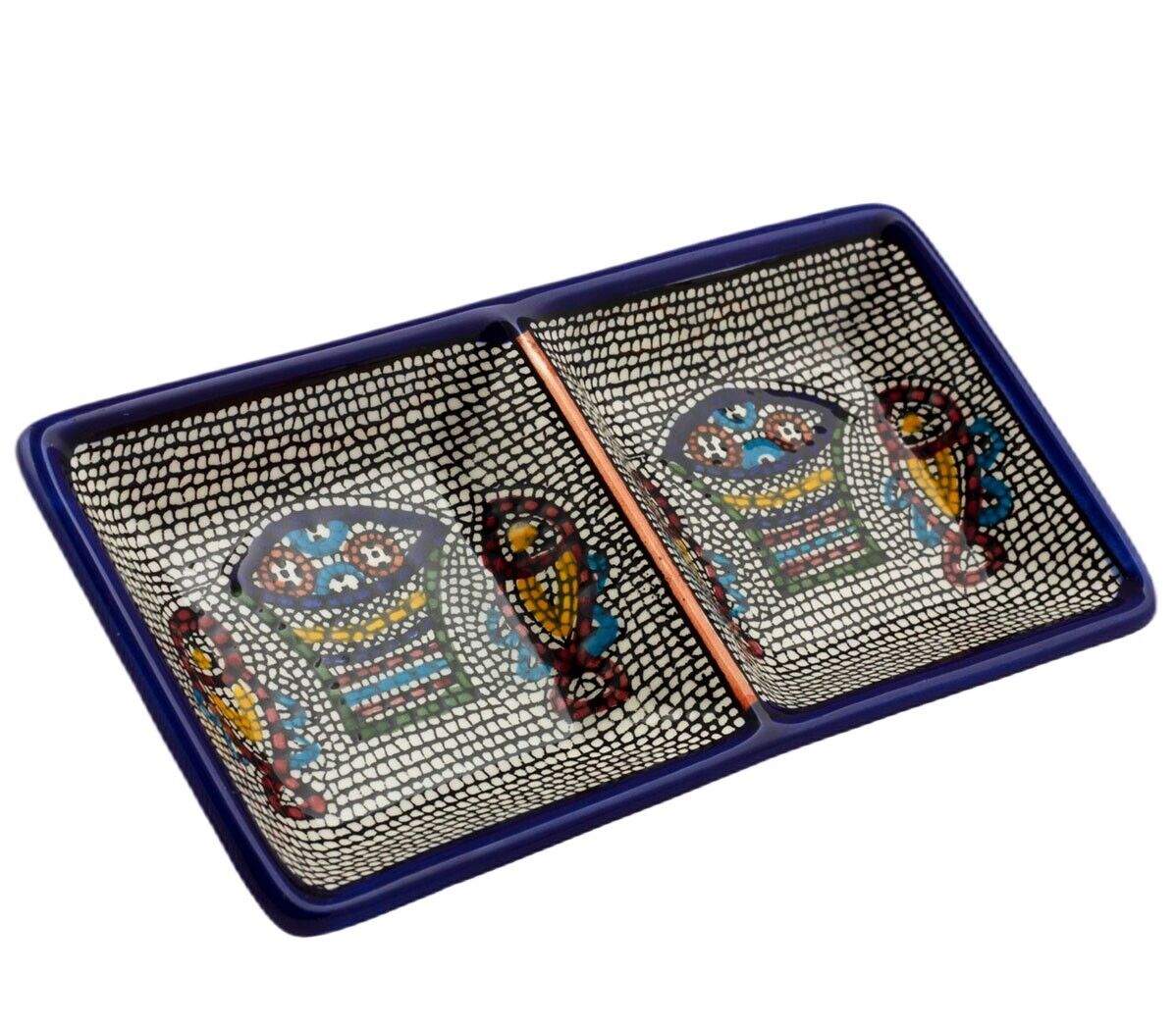 Armenian Ceramic Double Serving Decorative Bowl - Tabgha Mosaic Design- Pottery Handmade Art from Jerusalem 16cm/6"