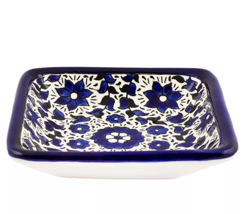 Blue Floral Shalom Armenian Ceramic Tray Small Pottery Enamel Decorative 4" x 4"