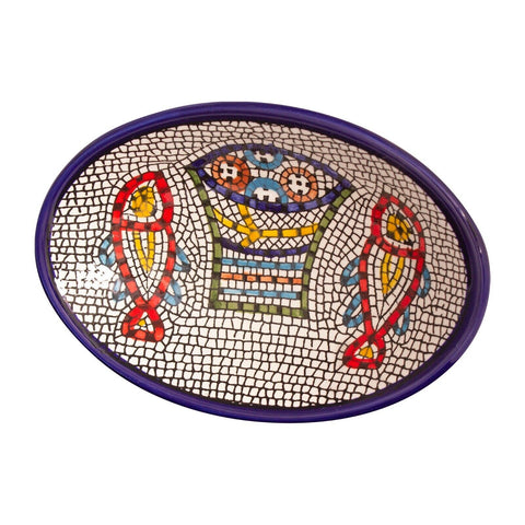 Handmade Armenian Ceramic Oval Bowl –“Loaves & Fishes" Mosaic Dish from the Holy Land