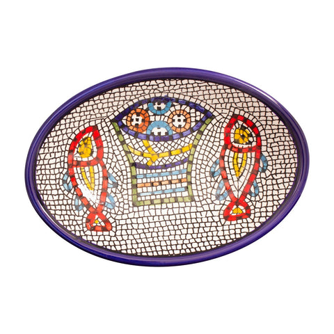 Handmade Armenian Ceramic Oval Bowl –“Loaves & Fishes" Mosaic Dish from the Holy Land