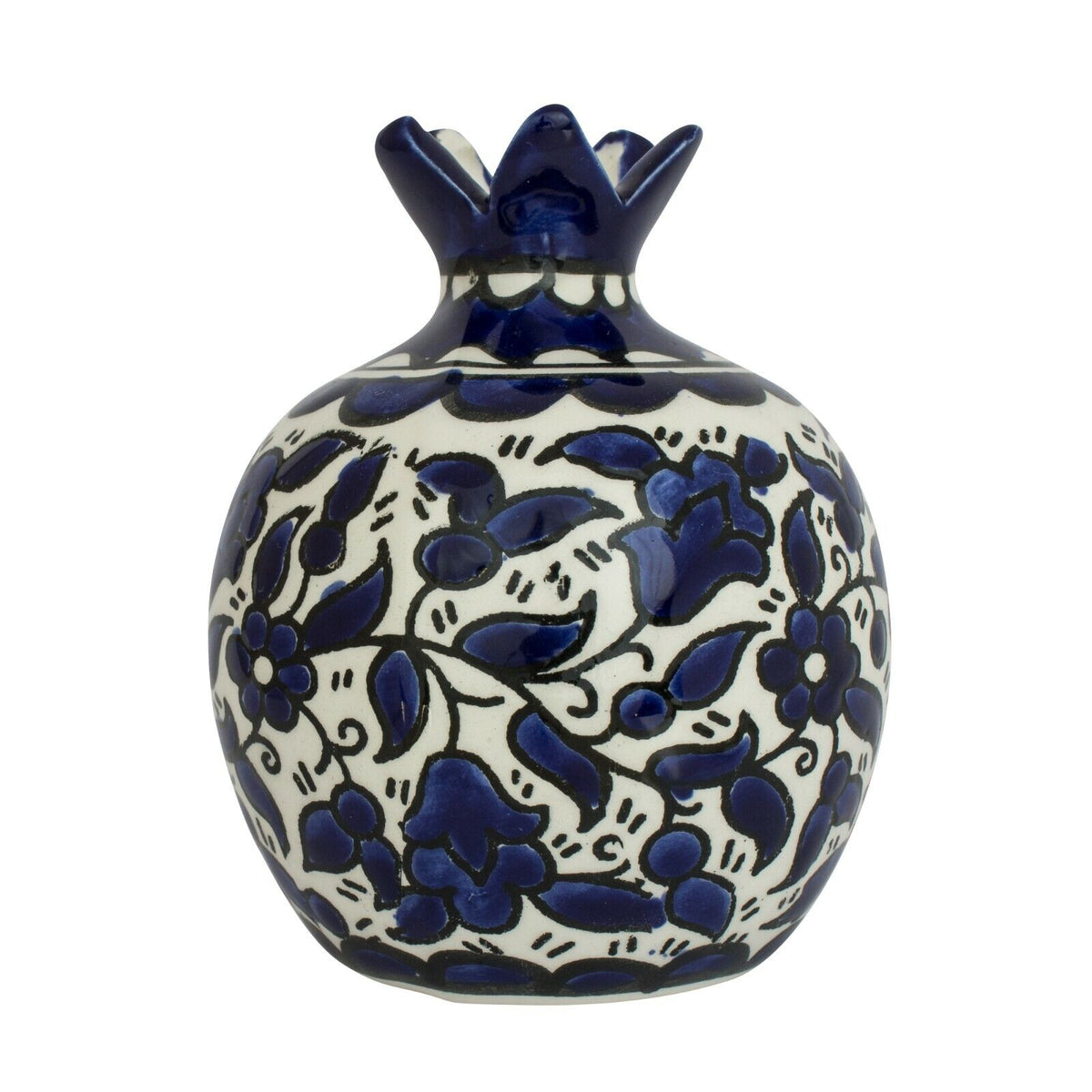 Handmade Ceramic Pomegranate Figurine – Blue Floral Design – 3.5" Jerusalem Souvenir