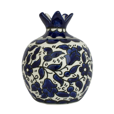 Handmade Ceramic Pomegranate Figurine – Blue Floral Design – 3.5" Jerusalem Souvenir
