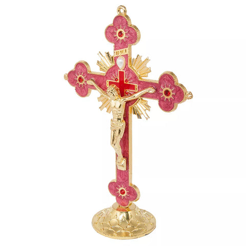 Red Enamel Gold-Plated Metal Altar Standing Crucifix Cross -from Jerusalem - 6.7"/17cm