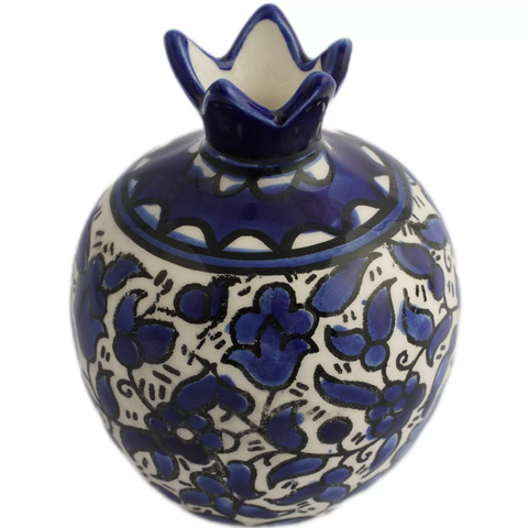 Handmade Ceramic Pomegranate Figurine – Blue Floral Design – 3.5" Jerusalem Souvenir