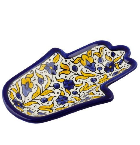 Yellow & Blue Armenian Ceramic Hamsa Bowl with Flowers 18cm/7"