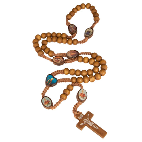 Angled rosary beads carved wood cross with saint imagery
