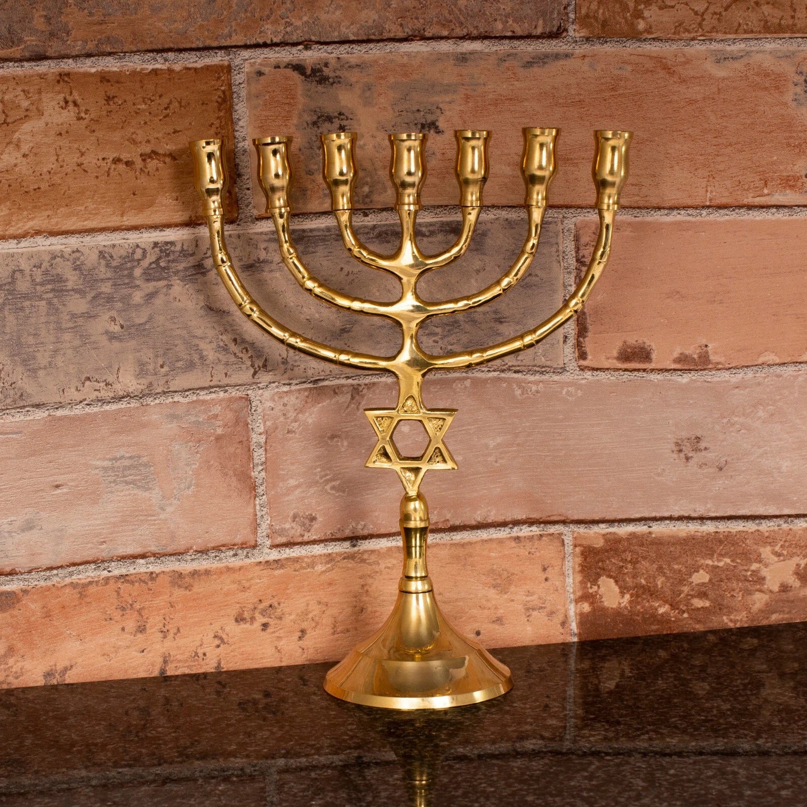 seven branch gold finish menorah for jewish prayer
