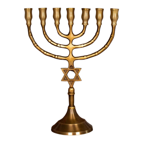 seven branch gold brass menorah replica for altar display
