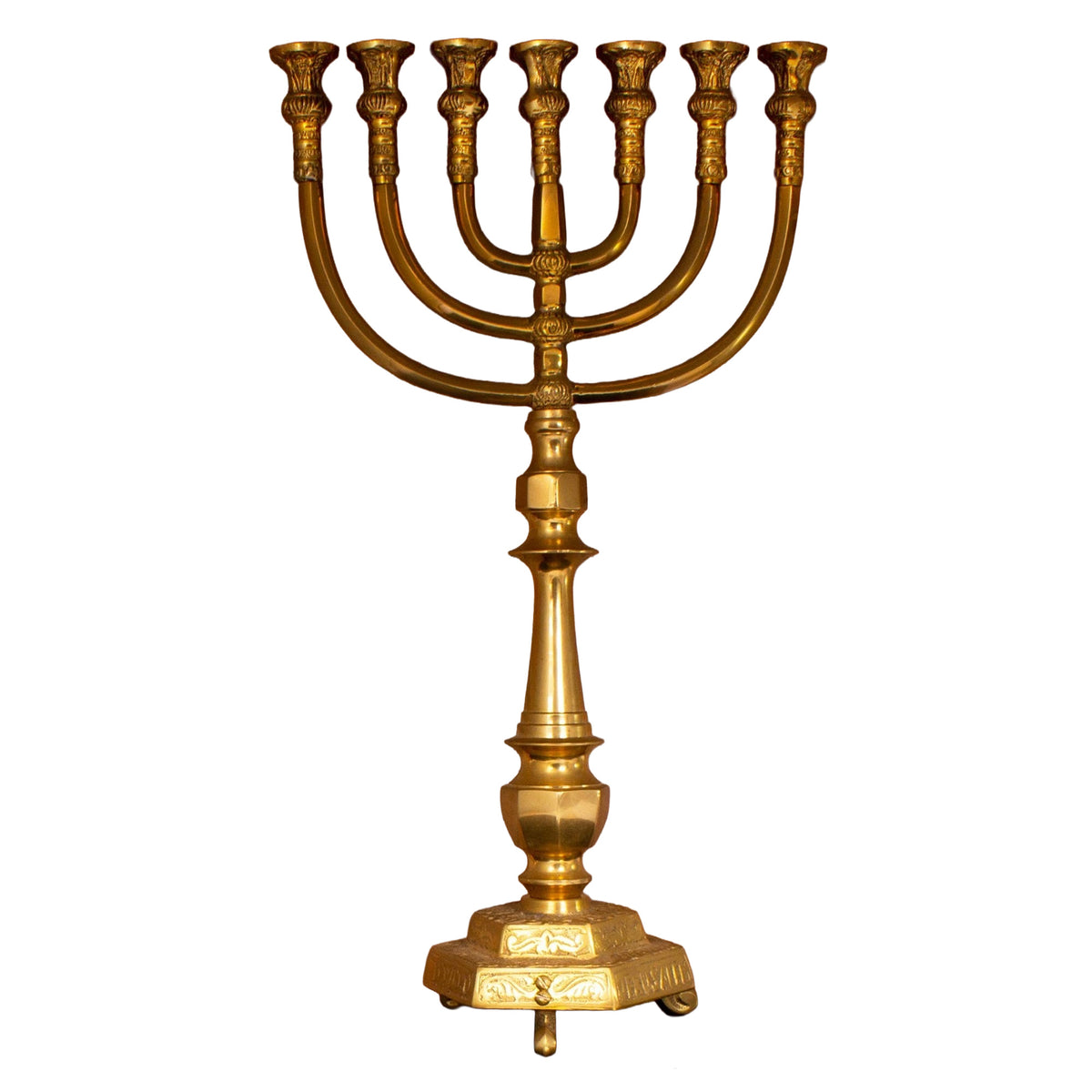 seven branch brass menorah glossy gold biblical style

