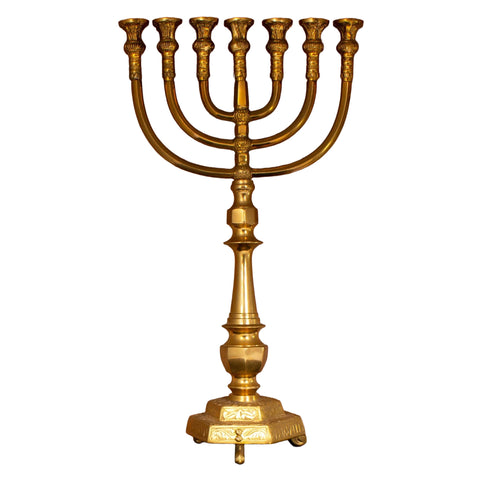 seven branch brass menorah glossy gold biblical style
