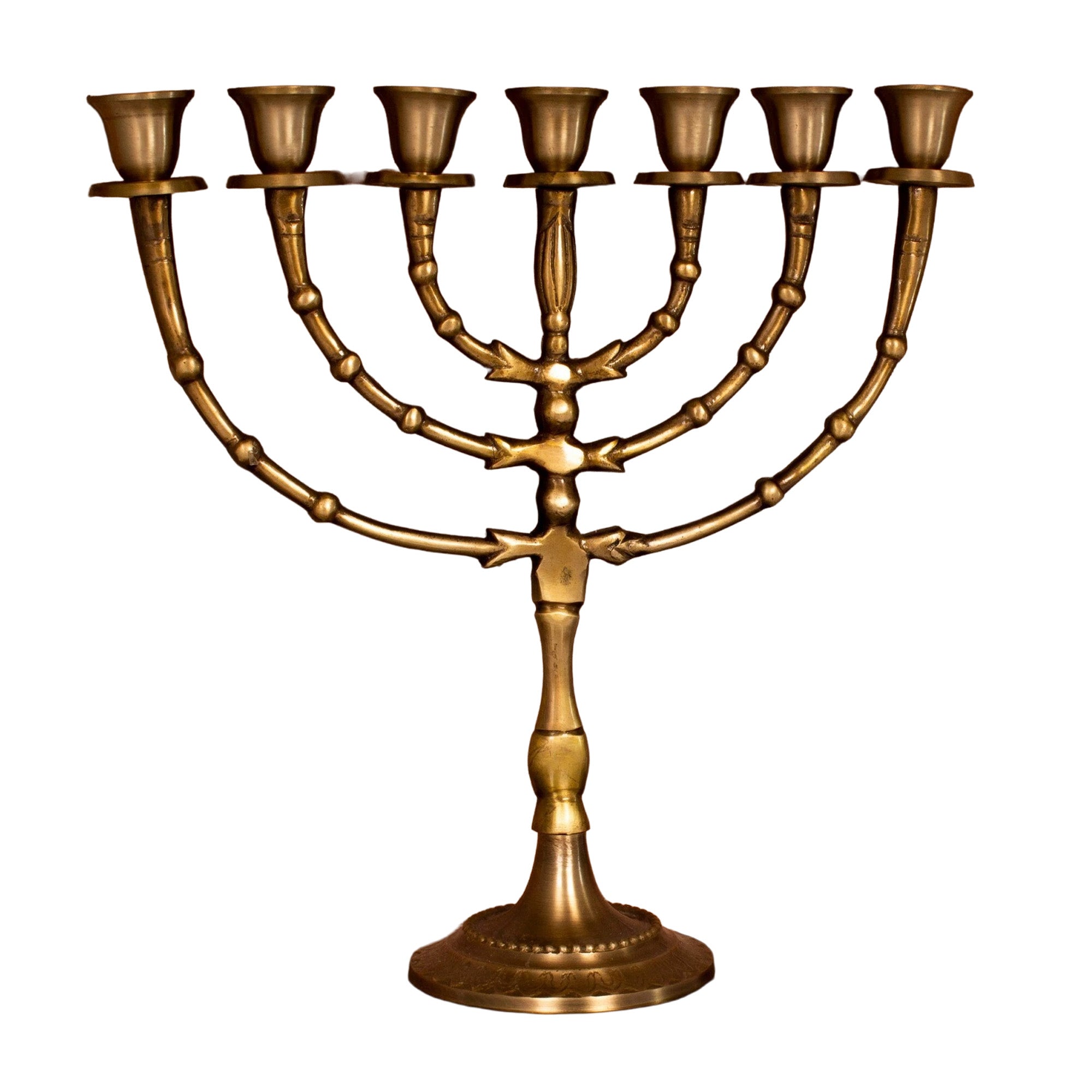 seven branch temple menorah replica with matte gold finish
