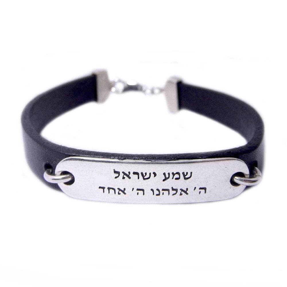 Bracelet kabbalah shema israel silver 925 black leather front view