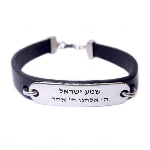 Bracelet kabbalah shema israel silver 925 black leather front view