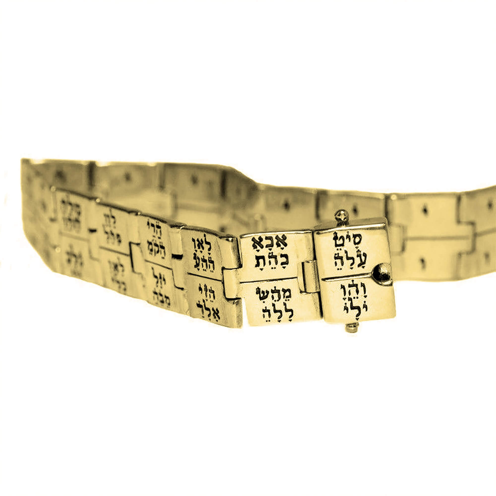 Front focus on central engraving of 72 names silver bracelet
