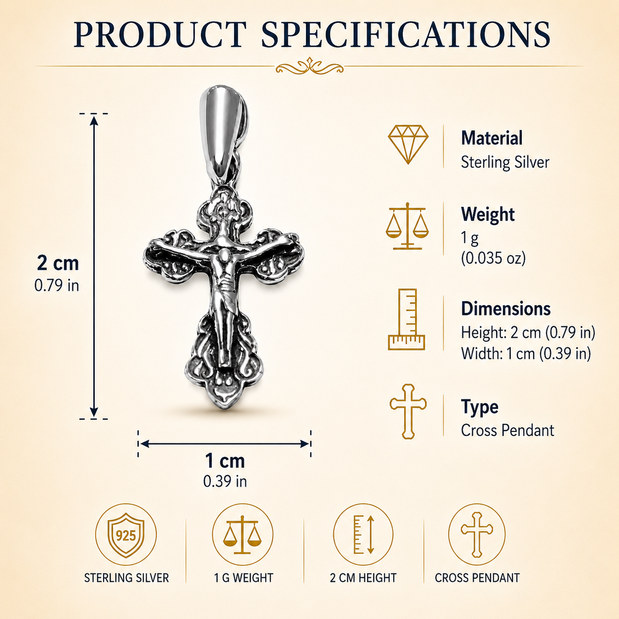 Product specification chart for a silver crucifix pendant, showing 2 cm height, 1 cm width, 1 g weight, sterling silver material, icons, and front view on cream background