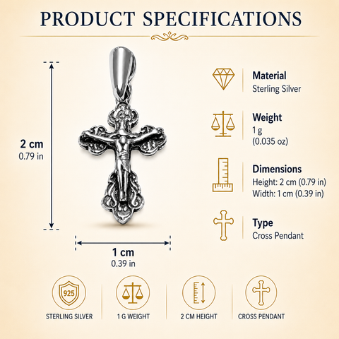 Product specification chart for a silver crucifix pendant, showing 2 cm height, 1 cm width, 1 g weight, sterling silver material, icons, and front view on cream background