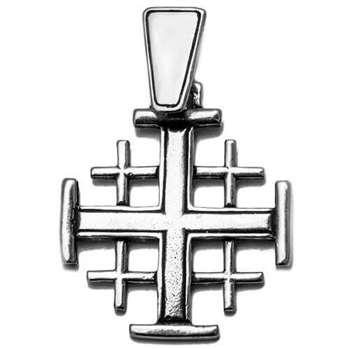 angled front silver Jerusalem cross pendant with Holy Land origin
