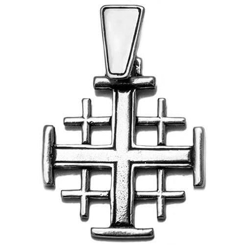 angled front silver Jerusalem cross pendant with Holy Land origin
