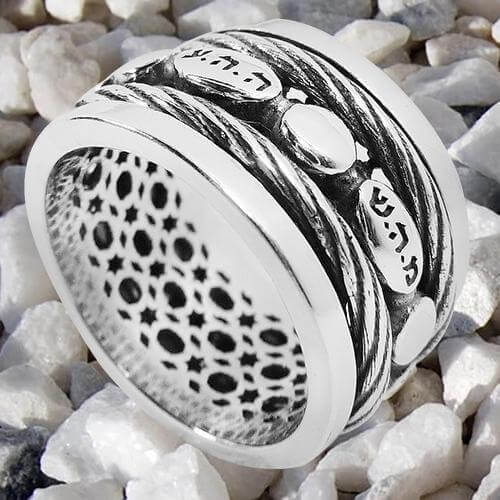Sterling silver Jewish spinner ring with five divine Names of God – handmade Judaica jewelry