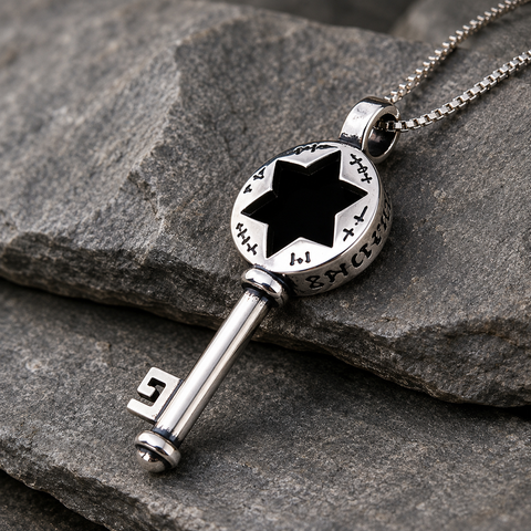 Silver-tone key pendant necklace with black six-point star cutout, Hebrew-style markings around the round top, polished metal finish, angled view on dark stacked stone background