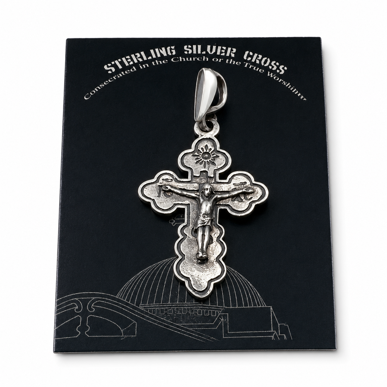 A 925 sterling silver Orthodox crucifix pendant displayed on its black certificate of authenticity card with silver foil lettering. This authentic presentation makes it ready as a traditional Holy Land Christian gift.