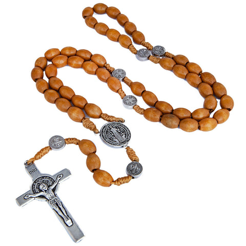 Full necklace with oval silver rosary beads on chain