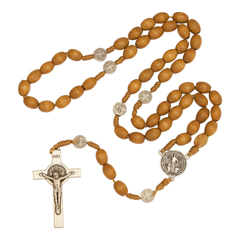 Sterling silver rosary beads necklace with Benedict crucifix front close-up