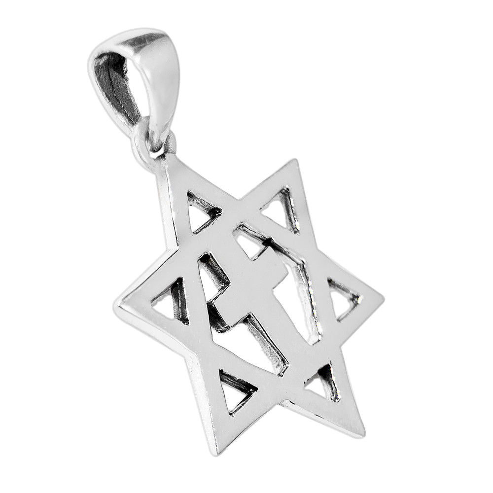 angled view silver 925 Magen David pendant with cross centerpiece
