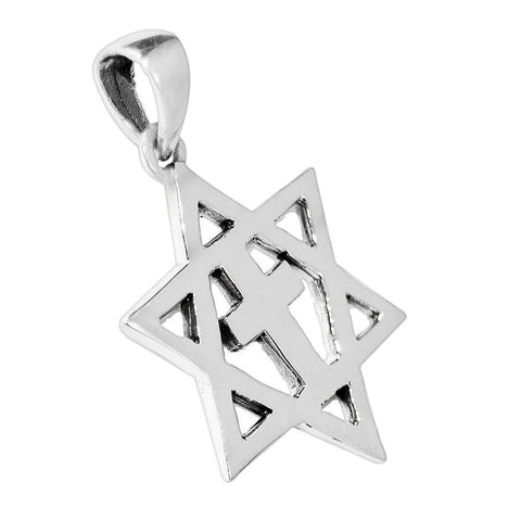 angled view silver 925 Magen David pendant with cross centerpiece
