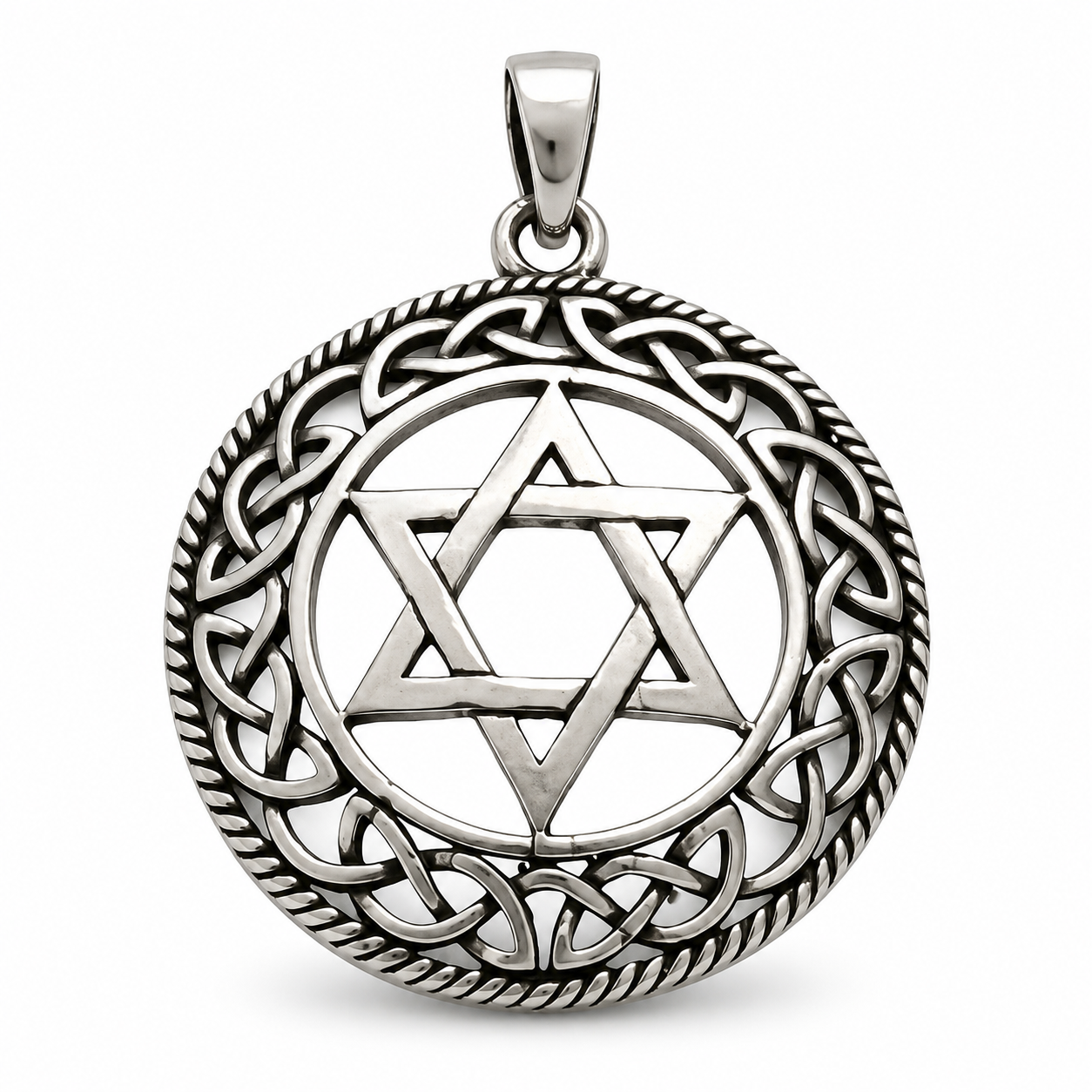 Front-view silver-tone round Star of David pendant with an oxidized Celtic knot border, polished raised edges, openwork details, and a smooth bail on a white studio background with a soft shadow.