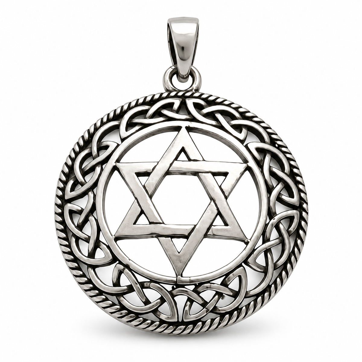 Front-view silver-tone round Star of David pendant with an oxidized Celtic knot border, polished raised edges, openwork details, and a smooth bail on a white studio background with a soft shadow.