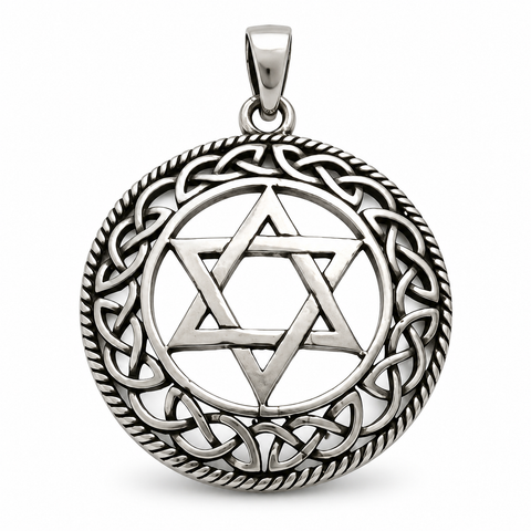 Front-view silver-tone round Star of David pendant with an oxidized Celtic knot border, polished raised edges, openwork details, and a smooth bail on a white studio background with a soft shadow.