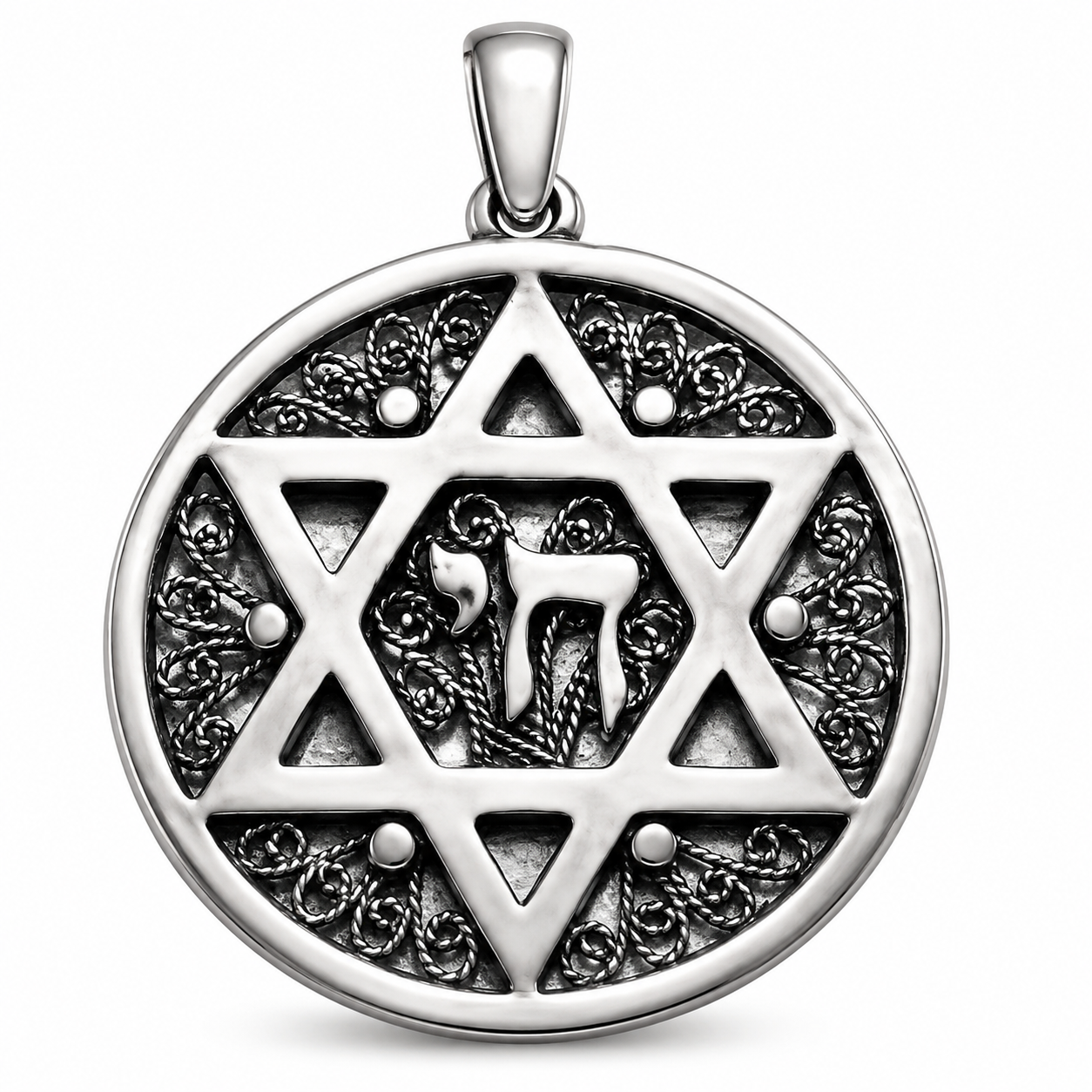Front view of a round silver-tone pendant with a raised Star of David, central Hebrew Chai symbol, dark oxidized filigree details, polished bail, and soft shadow on a white background.