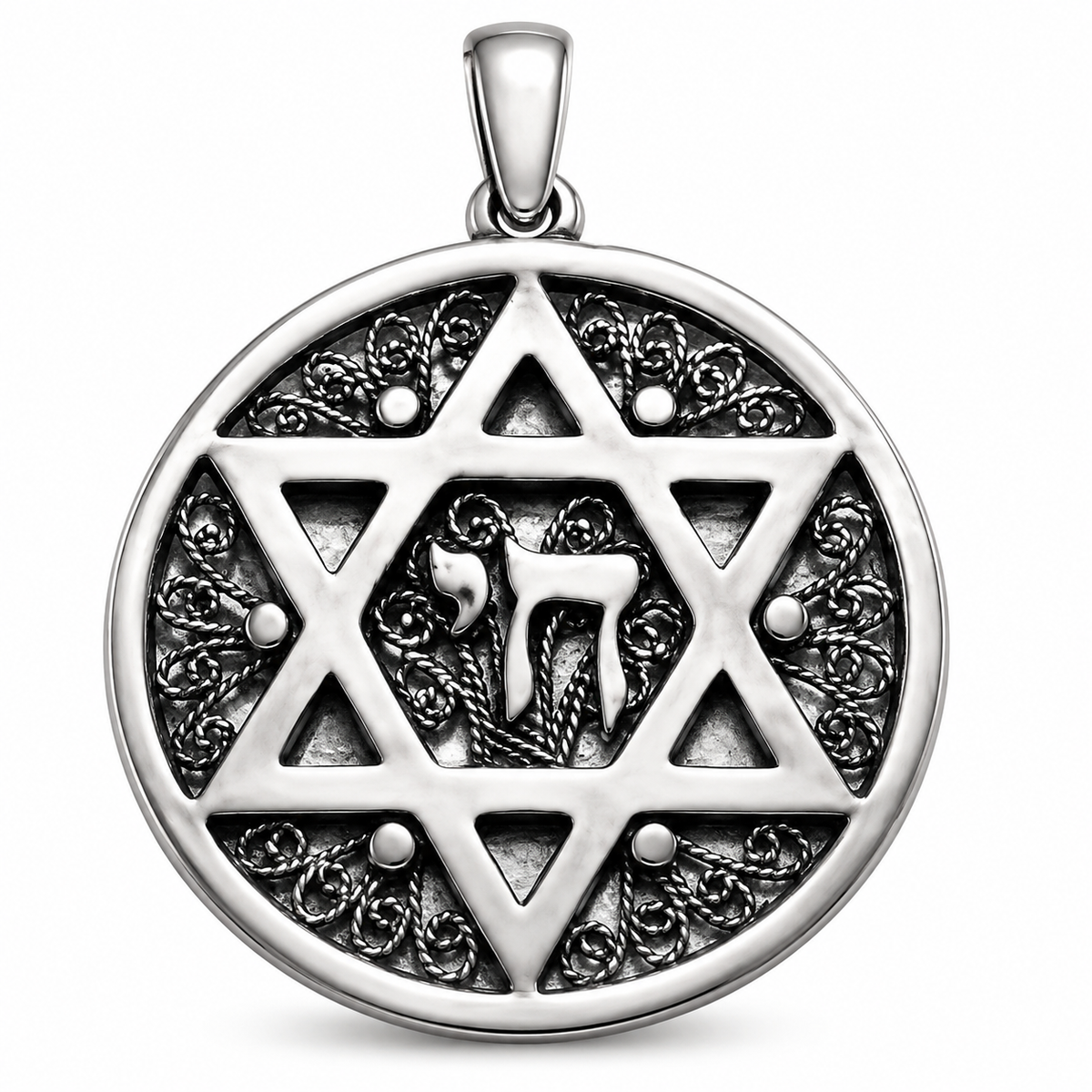 Front view of a round silver-tone pendant with a raised Star of David, central Hebrew Chai symbol, dark oxidized filigree details, polished bail, and soft shadow on a white background.