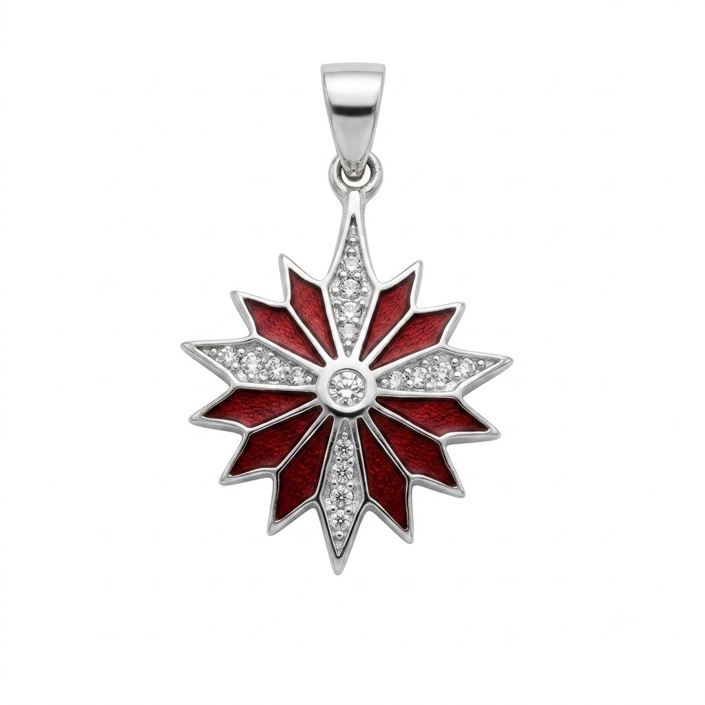 Silver-tone star pendant with red enamel panels, clear crystal accents, central stone, polished bail, front-facing view on a plain white background