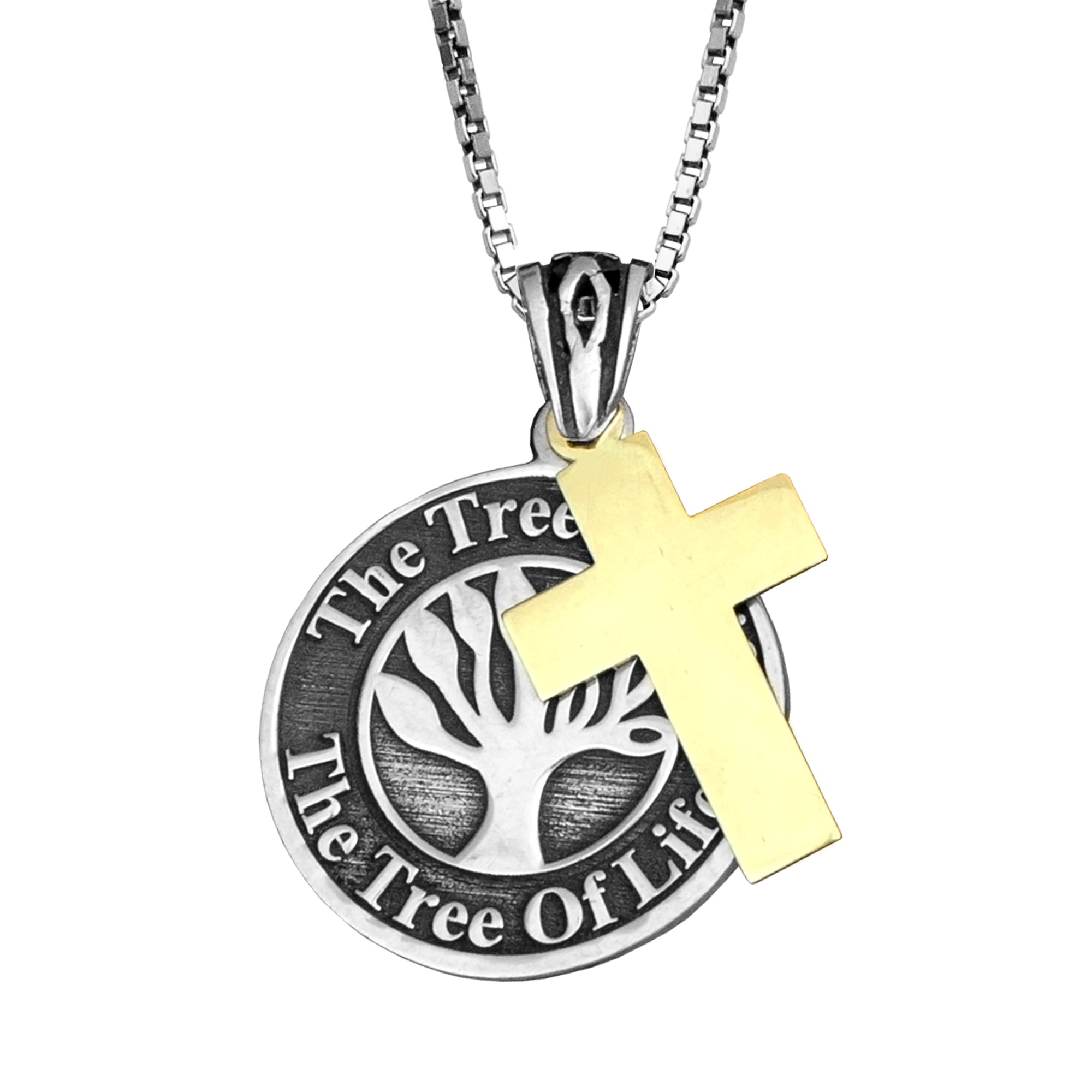 Angled front sterling silver Tree of Life necklace with 9K gold cross

