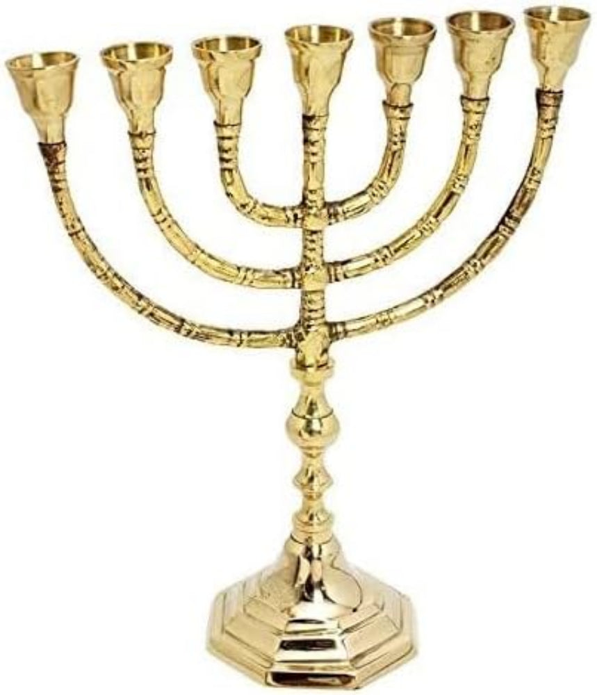 Spiritual Judaica menorah candle holder in brass – 7 branches symbolizing sacred rituals and biblical heritage