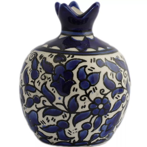 Handmade Ceramic Pomegranate Figurine – Blue Floral Design – 3.5" Jerusalem Souvenir