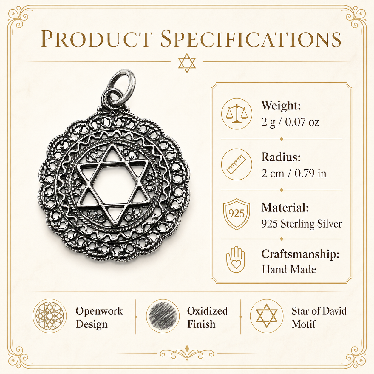 Product specifications infographic showing an oxidized 925 sterling silver Star of David pendant with openwork filigree, 2 cm radius, 2 g (0.07 oz), front view on a cream background.