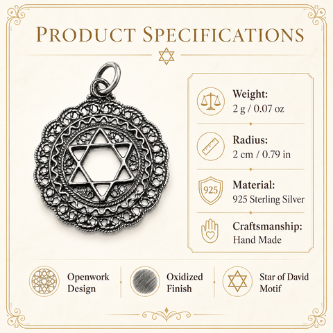 Product specifications infographic showing an oxidized 925 sterling silver Star of David pendant with openwork filigree, 2 cm radius, 2 g (0.07 oz), front view on a cream background.
