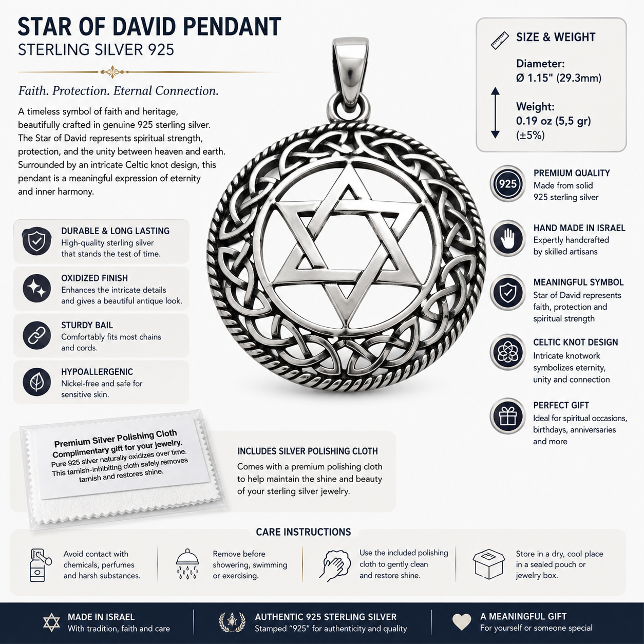 Product infographic showing a round 925 sterling silver Star of David pendant with an oxidized Celtic knot border, 1.15 in (29.3 mm) diameter, 0.19 oz (5.5 g) weight, silver polishing cloth, and care instructions.